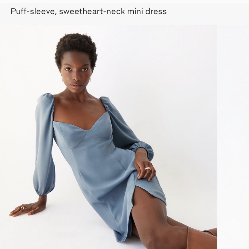 Aritzia Puff-Sleeve Sweetheart-Neck Mini Dress in Dusty Blue